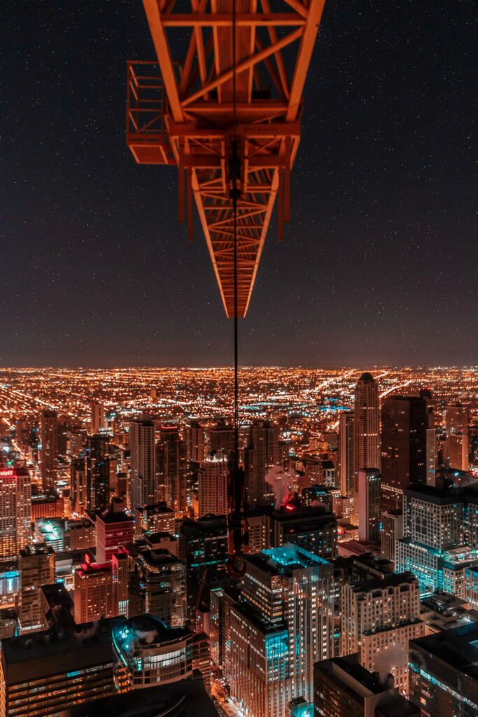 crane operator view of skyscrapers and city below